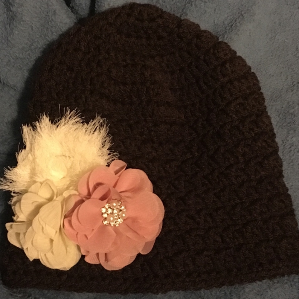 Ladies Brown Beanie with Rose Pink and Cream Flowers